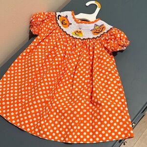Orange Polka Dot Dress with Pumpkin Embroidery